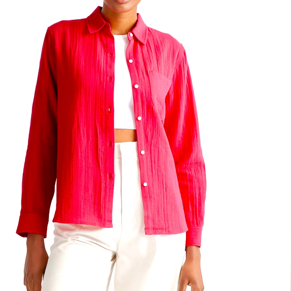 Quince Women 100% Organic Cotton Gauze Long Sleeves Red Button-Up Shirt Size Xs